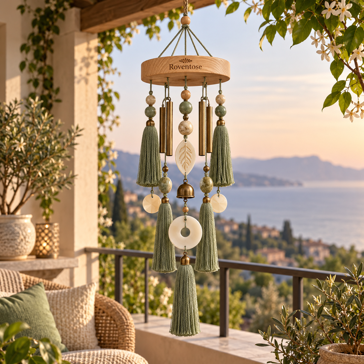 Sage Tassel and Stone Accent Wind Chime detail view