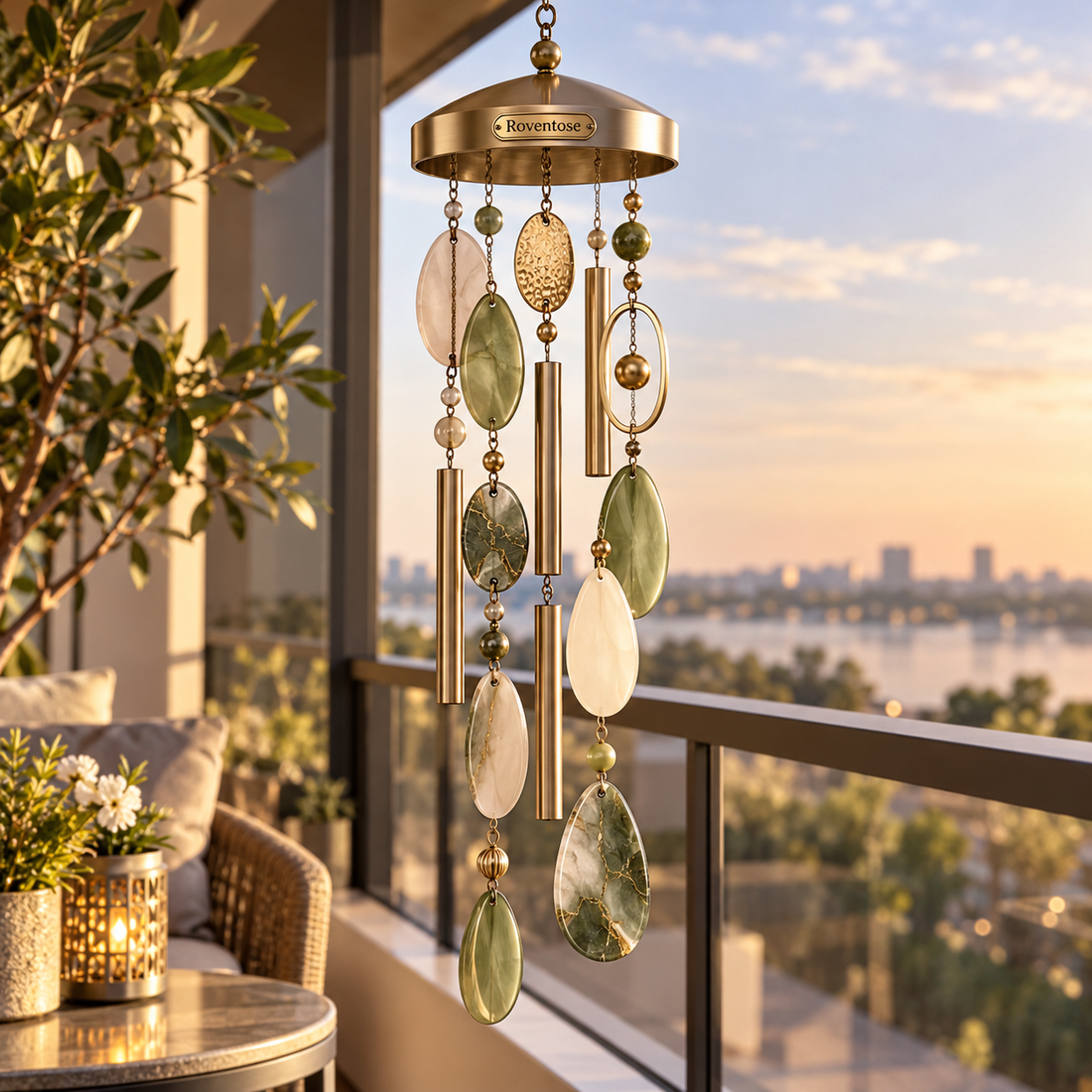 Olive Glass and Brass Oval Wind Chime