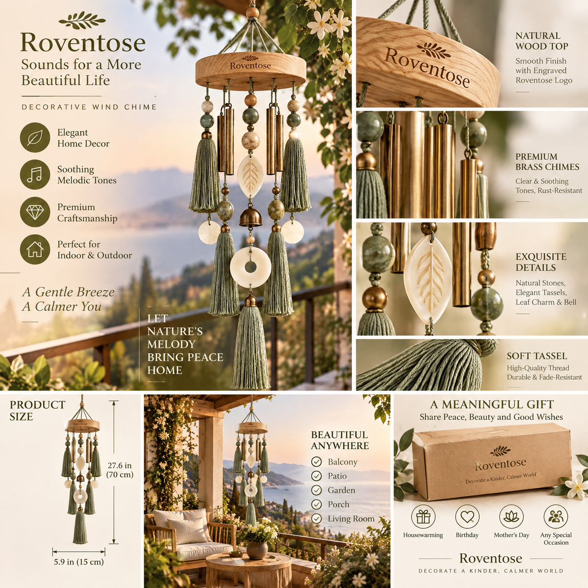 Roventose™ Sage Tassel and Stone Accent Wind Chime