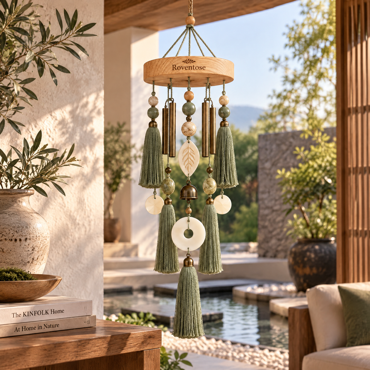 Roventose™ Sage Tassel and Stone Accent Wind Chime