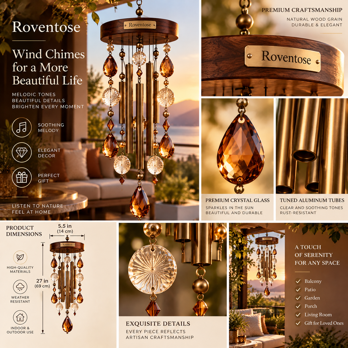 Roventose™ Smoked Crystal Column Wind Chime detail view