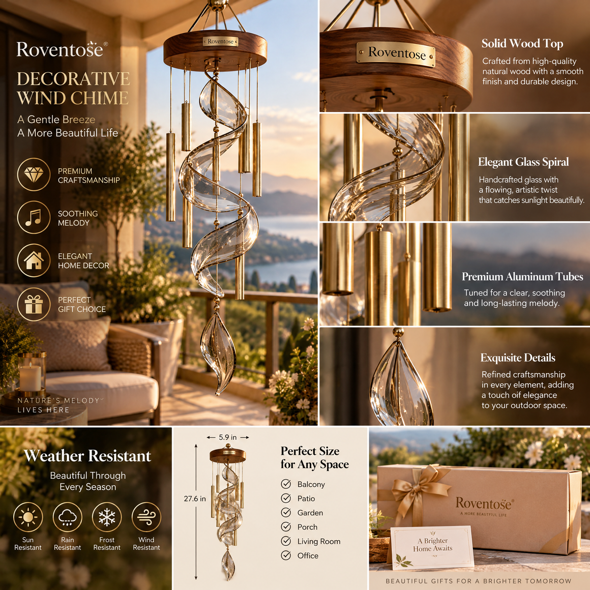 Roventose™ Spiral Glass Sculpture Wind Chime