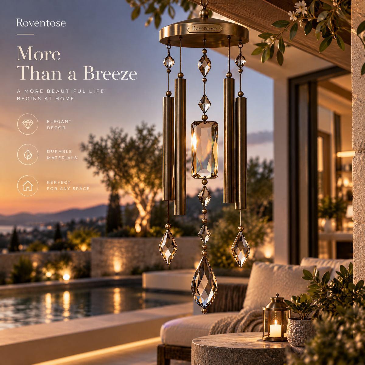 Roventose™ Smoked Crystal Column Wind Chime
