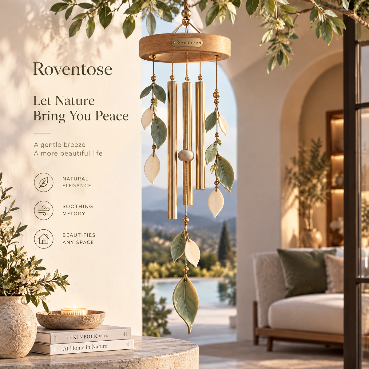 Roventose™ Botanical Leaf and Brass Tube Wind Chime