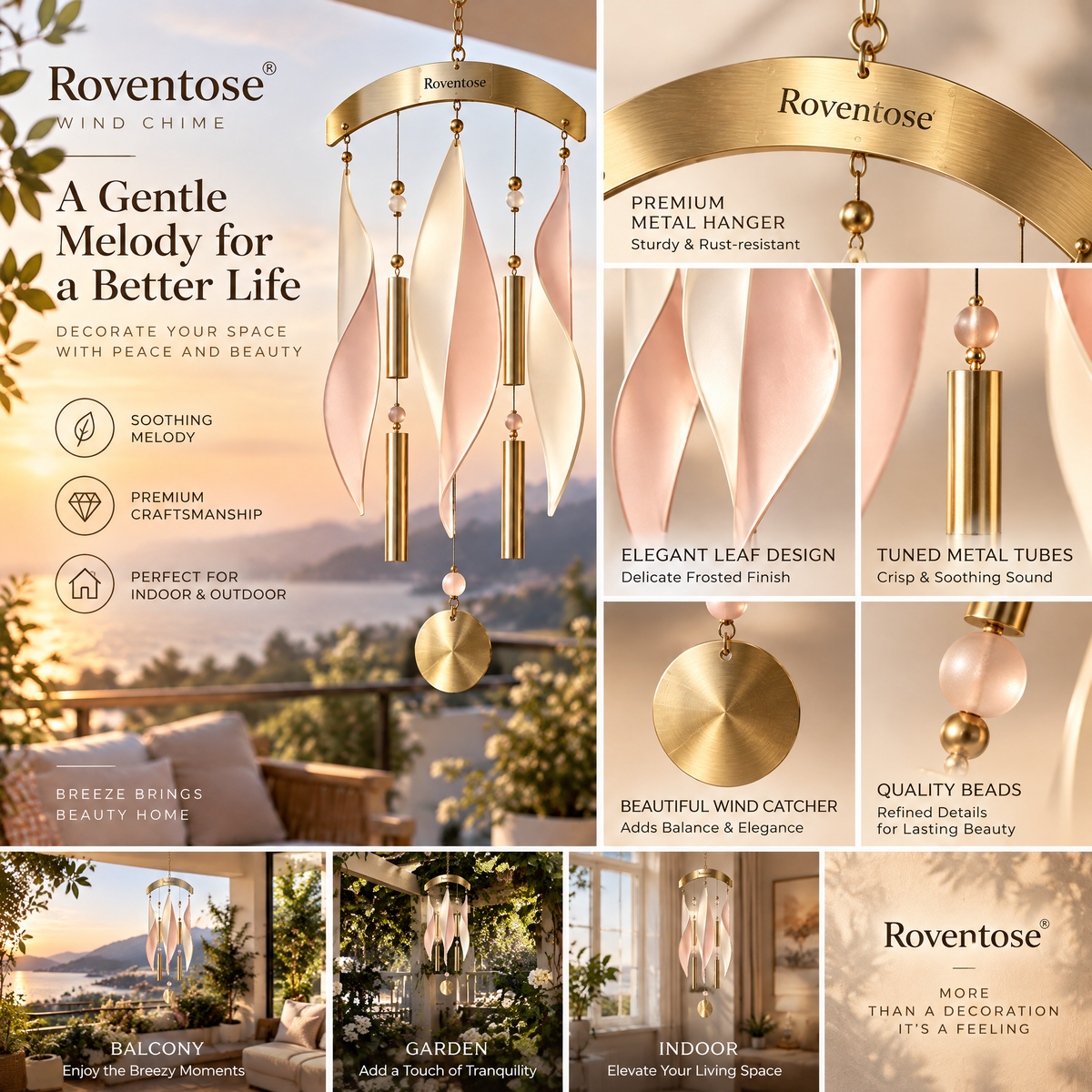 Roventose™ Blush and Ivory Petal Sail Wind Chime detail view