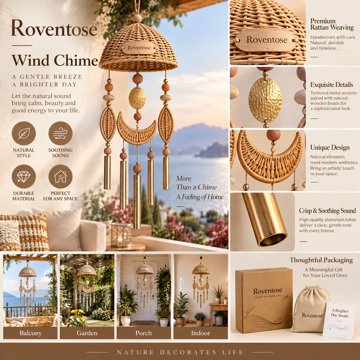 Roventose™ Woven Canopy Brass-Tone Wind Chime